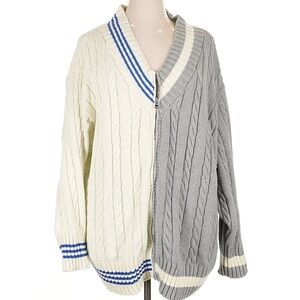Elegant Half and Half Zip-Up Cream and Gray Cardigan with Blue Accents